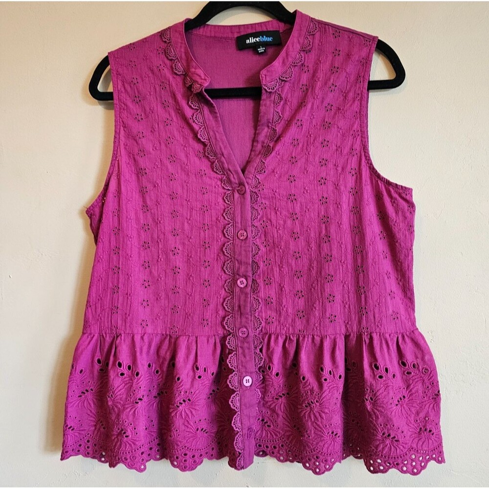 Alice Blue White Eyelet Ruffle Floral Embroidered Peplum Top Size Lrg Purple
